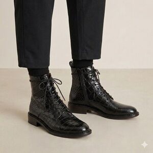 Vince Black Croc Embossed Leather Henderson Lace Up Combat Boots - Size 6